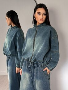 Flexra American Vintage Nano Yellow Washed Denim Jacket Loose Fit Dropped Shoulder Stand Collar Zipper Cuffed Casual Baseball Jacket Autumn/Winter - Light Wash - View 5