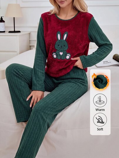 SHEIN Women Cute Bunny Appliqu Plush Panel Ribbed Long Sleeve Top And Matching Pants 2 Pieces Casual Pajama Set