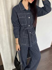 DAZY Teen Girl Button-Up Pocket Long Sleeve Jacket And Striped Long Pants Denim Set Fall - Dark Wash - View 4