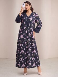 Yasmyna V領雪紡蕾絲拼接粉色花卉印花洋裝附頭巾 - 藏蓝色 - 查看 6
