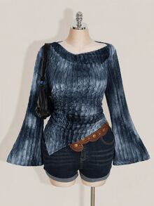 SHEIN ICON Autumn Women's Plus Size Casual 1920 Vintage Cold Shoulder Going Out Evening Blue Print Asymmetric Hem Long Sleeve Flare Sleeve T-Shirt - Blue - View 5