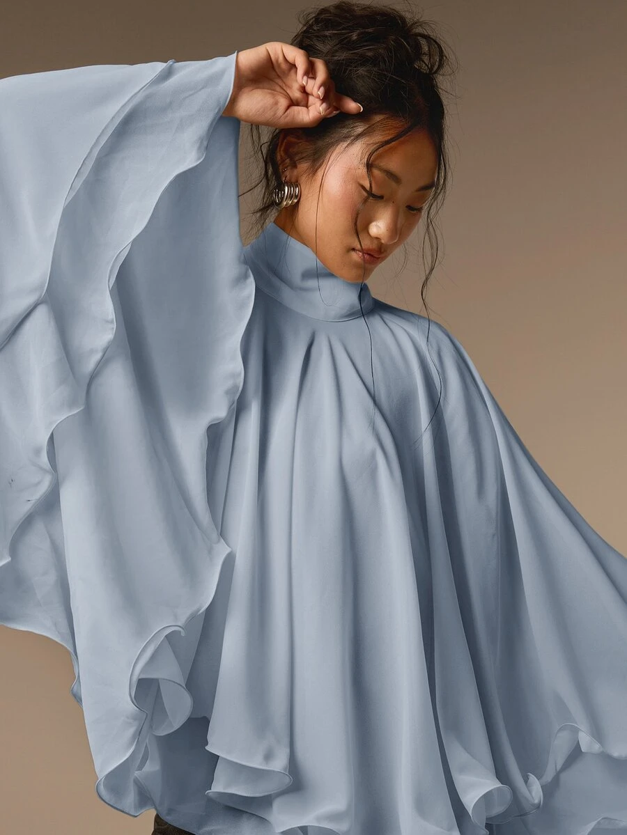 COSMINA Women's Solid Color Stand Collar Casual Versatile Daily Chiffon Blouse - Baby Blue - View 1