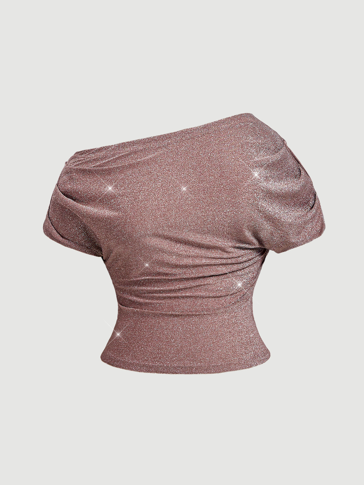 SHEIN MOD Plus Size Women's Gold & Silver Metallic Knit Top, Asymmetrical Shoulder Top, Shiny Fabric Top, Spring/Summer - Khaki - View 1