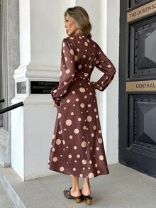 Pariaura 4-Way Stretch Asymmetrical Polka Dot Print Pleated Chest Small Stand Collar Fashion Women's Mid-Length Dress - Multicolor - View 2