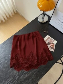 Muvela 女款優雅通勤純色蕾絲拼接裙 - 紅色 - 查看 2