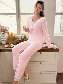 Snug Reverie Women's Light Pink V-Neck Large Bow Lace Trim Soft Comfortable Ribbed Knit Fabric Sweet Fresh Long Sleeve Pants Set - Baby Pink - View 6