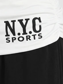 青少年女孩字母印花拼色休閒日常穿著運動長褲 - 黑與白 - 查看 4