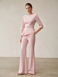 MOTF PREMIUM FASHIONABLE ELEGANT SLIMMING WAIST TOP WITH ASYMMETRICAL HEM AND EXQUISITE WOMEN'S COMMUTER LONG PANTS TWO PIECES SET - Pink - View 5