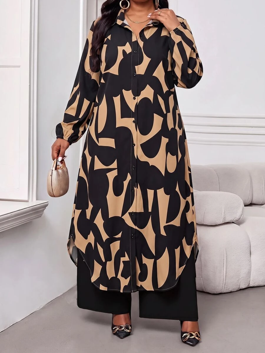 SHEIN Lady 大尺碼秋季時尚全印花襯衫與長褲兩件套 - 彩色 - 查看 1