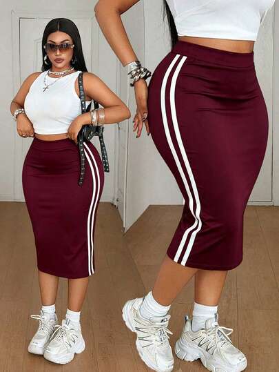 Maweii Women's Plus Size Casual Pure Black Knitted High Elastic Fabric Side Contrast Color Tape Design Tight Bodycon Versatile Skirt Plus Size Black Skirt Plus Size Casual Outfit Women's Plus Size New Style Party Gathering Night Date Fashion Item Versatile Skirt