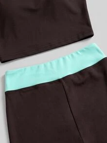 Sweetra طقم رياضي نسائي من قطعتين: توب بدون أكمام من الجلد الصناعي وبنطلون واسع الساق - بني - مشاهدة 6