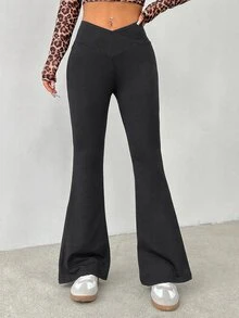 SHEIN PETITE 簡約純色包腰高腰喇叭褲 - 深灰色 - 查看 8