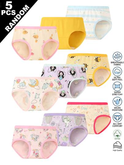 SHEIN (5 Random) Girls' Simple Fashion All-Over Print Cartoon Heart Rabbit Pattern Triangle Panties, Young Girl' Underwear