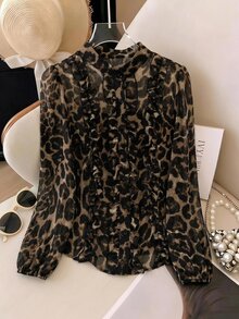 SHEIN Clasi Plus Size Women's Leopard Print Patchwork Ruffle Chiffon Elegant Blouse - Brown - View 2