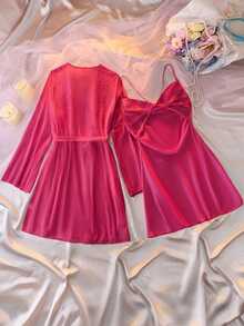 DelicateAllure French Romantic Lace Contrast Mesh & Hollow Satin Sexy Women's Pajama Set - Burgundy - View 2