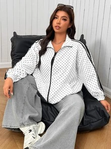SHEIN EZwear 大尺碼秋季休閒寬鬆白色印花夾克外套，適合夜店與辦公室穿著 - 紅色 - 查看 4