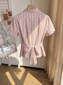 Comfortcana Plus Size Summer Casual Plaid Petal Sleeve Shirt - Dusty Pink - View 6