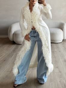 Slaydiva American Pure Desire Style Frayed Hem Tassel Extra Long Sleeve Cover Up Deep V Neck Cinched Waist Slim Fit High Slit Long Knit Cover-Up Street Beige White Jacket Date Night Club Casual Cover-Up-A - Apricot - View 4