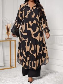 SHEIN Lady 大尺碼秋季時尚全印花襯衫與長褲兩件套 - 彩色 - 查看 6