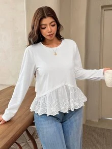 Lounesse Plus Size Women's Burnout Embroidery Casual Versatile Everyday T-Shirt Fall - White - View 6