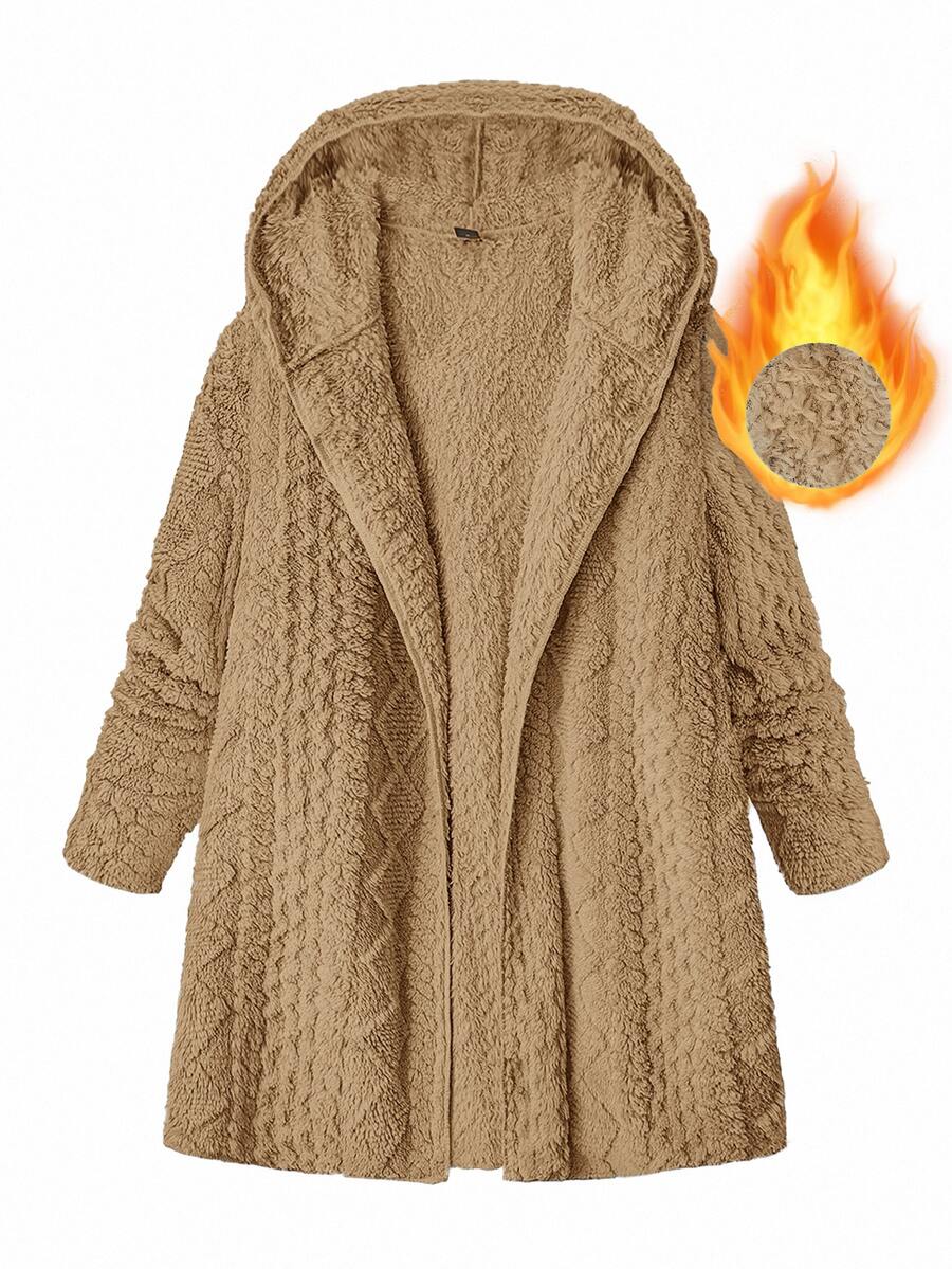 SHEIN Clasi 大尺碼女款長袖抓絨連帽開襟夾克 - 棕色 - 查看 1