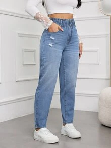 SHEIN Tall 女款破洞設計休閒日常牛仔褲 - 淺色水洗藍 - 查看 4