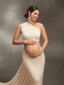 Cheriluna Maternity فستان أنيق بشريط انسيابي لتصوير الحمل، فستان حفلة تعميد الطفل - لون مشمشي - مشاهدة 4
