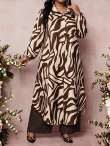 SHEIN Lady 大尺碼女款全印花上衣與長褲休閒日常兩件套 - 彩色 - 查看 4