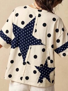 Bohemela Women's Polka Dot Print Star Patchwork T-Shirt - Multicolor - View 2