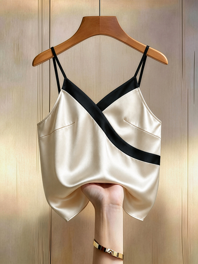 SHEIN LUNE CURVE Camisola de satén con cuello en V cruzado y contraste de color, talla grande, top interior ajustado con drapeado y tirantes finos, elegante camiseta interior de oficina que estiliza