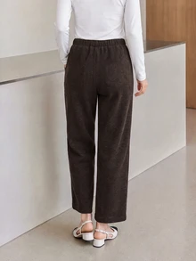 Yumoku 女款純色彈性腰口袋休閒羊毛長褲 - 棕色 - 查看 7