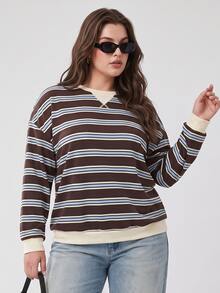 Solavibe Women's Plus Size Striped Colorblock Casual Versatile Daily Wear Long Sleeve Sweatshirt Fall - Multicolor - View 5