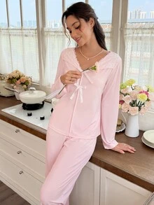 Snug Reverie Women's Light Pink V-Neck Large Bow Lace Trim Soft Comfortable Ribbed Knit Fabric Sweet Fresh Long Sleeve Pants Set - Baby Pink - View 5