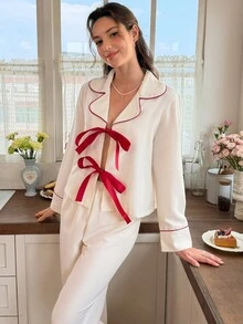 Snug Reverie Minimalist Contrast Trim Lace-Up Casual Home Loungewear 2 Pieces Set - Beige - View 4