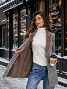 Editum Women's Winter Fashion Plaid Double-Breasted Overcoat - Grey - View 5