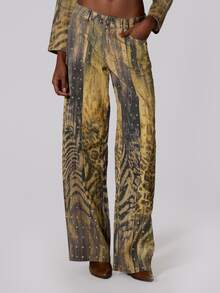MUSERA Multi Colour Graphic Print Denim Studded Wide Leg Jeans Summer Autumn Fall Winter  Going Out Festival Cool Girl Low Frequency - Multicolor - View 2