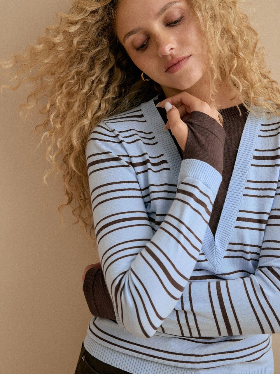MOTF CONTRAST COLOR STRIPED PREMIUM COLOR COMBINATION ROUND NECK LONG SLEEVE KNITTED SLIM FIT VERSATILE SWEATER TOP