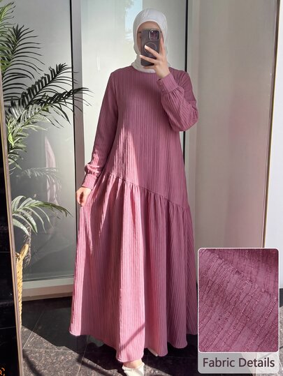 Al Najma Purple Textured Fabric Round Neck Long Arabian Dress Saudi National Day  Purple Dress Autumn