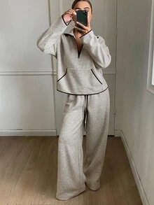 DAZY 女款拼色寬鬆上衣與長褲休閒兩件套 秋季居家機場風 灰色 - 卡其色 - 查看 4
