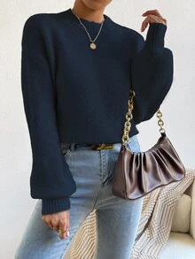 SHEIN 女款極簡優雅海軍藍圓領針織燈籠袖套頭衫，適合日常購物、休閒、度假、旅行、約會 - 藏蓝色 - 查看 4