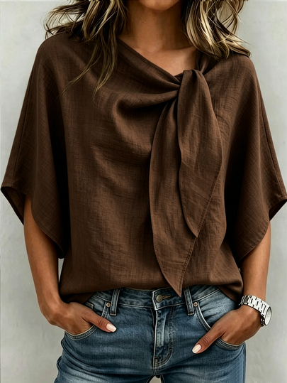 SHEIN חולצת פשתן אלגנטית לנשים עם צוואון קשורה ושרוולי עטלף, צבע אחיד, גזרה רפויה, חולצה יומית לנסיעות לעבודה