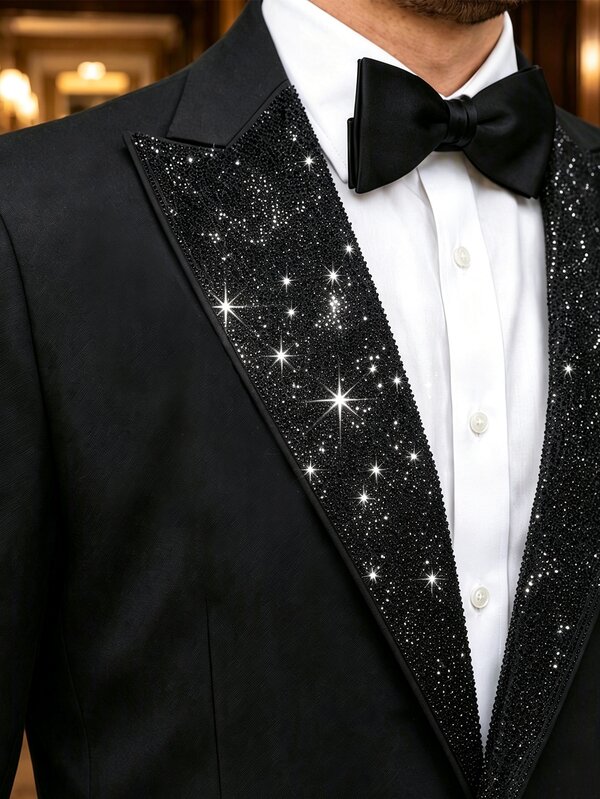 Manfinity AFTRDRK Men's Patchwork Rhinestone Lapel Long Sleeve Jacket And Pants Party Occasion Suit Set
