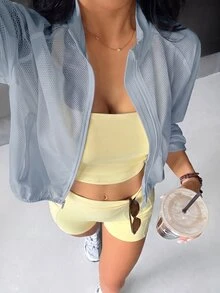 SHEIN Dewbera 素色鏤空透氣運動夾克 - 淺藍色 - 查看 7