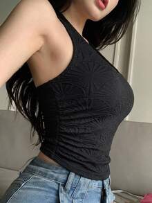 DAZY 女款夏季白色紋理蕾絲修身細肩帶露背背心上衣，適合婚禮派對 - 黑色 - 查看 7