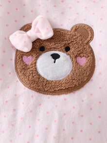 SHEIN Playful Pals Newborn Comfortable Soft Plush Pink Polka Dot Teddy Bear Applique Embroidery 3D Bow Decor Round Neck Fleece Footed Jumpsuit With Hat Autumn Winter - Baby Pink - View 7