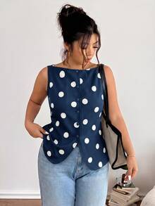 Lounesse Kemeja Wanita Ukuran Besar Motif Polkadot Kasual Serbaguna untuk Aktivitas Sehari-hari - Navy Blue - View 5