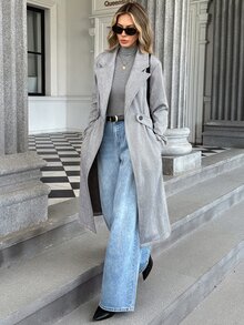 SHEIN PariChic Autumn/Winter Elegant Flat Collar Herringbone Pocket Tie-Front Long Sleeve Jacket, Suitable For Daily Wear - Grey - View 4