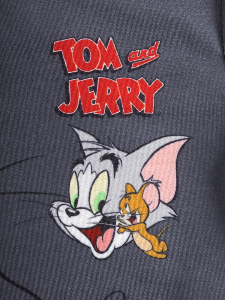 TOM & JERRY X SHEIN 男嬰卡通印花圓領短袖T恤與條紋長褲2件套 - 灰色 - 查看 4