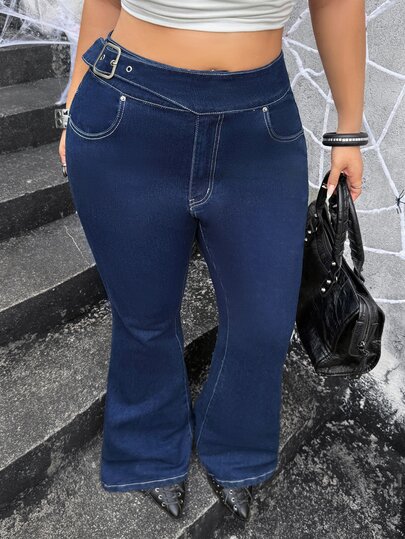 Jeanoix Jeans acampanados de cintura asimétrica para mujer talla grande estilo Y2K