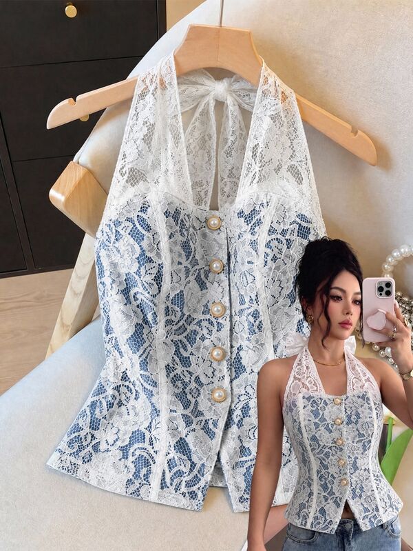 Elenzga 女款蕾絲魚骨掛脖繫帶牛仔上衣